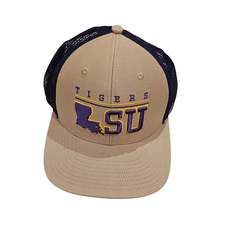 LSU Tigers Trucker Hat Beige & Purple Adjustable Mesh Snapback